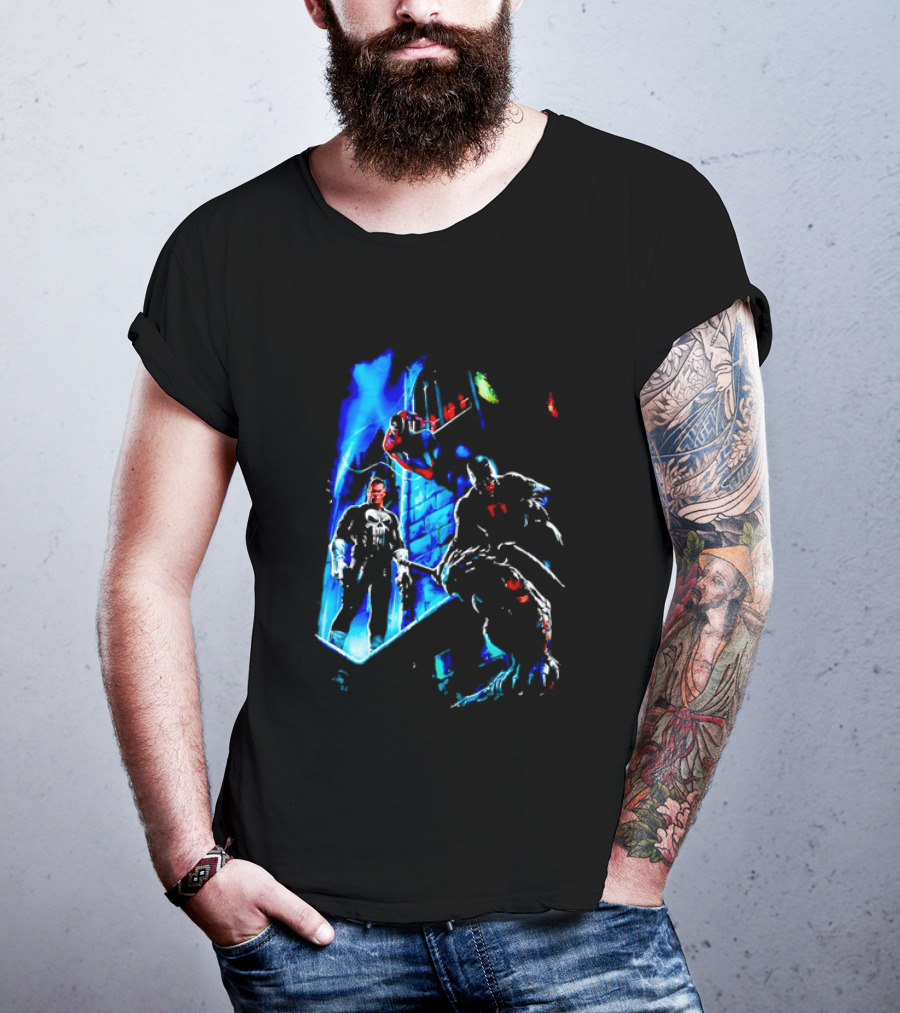 Marvel Comics Vigilante Action The Punisher Spider Man Daredevil Urban Battle Scene T-Shirt
