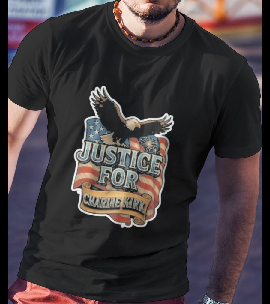 Justice For Charlie Kirk Bald Eagle American Flag Banner T-Shirt
