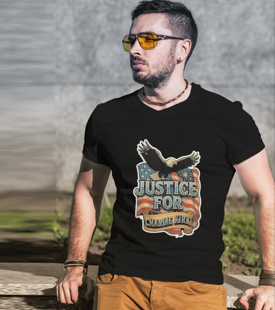 Justice For Charlie Kirk Bald Eagle American Flag Banner T-Shirt