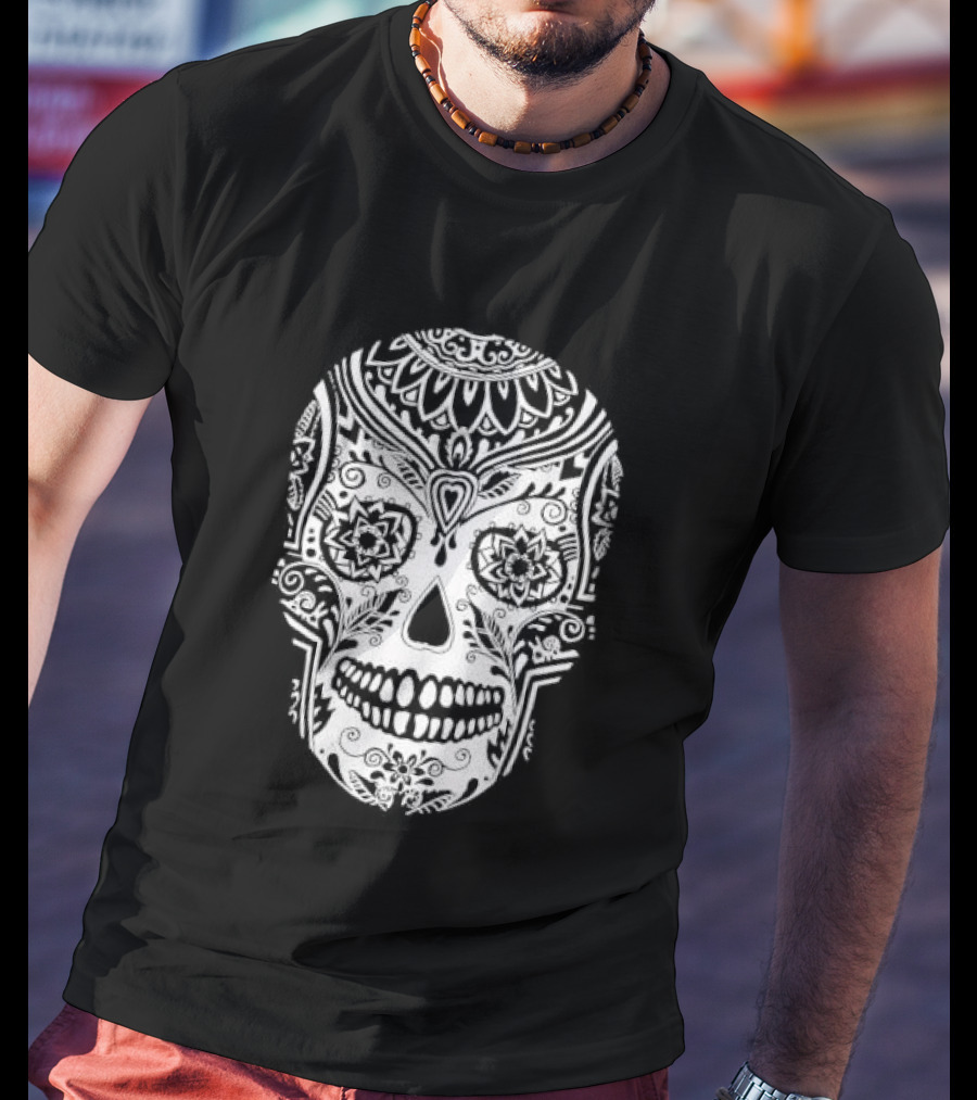 Sugar Skull Artistic Decorative Detailed Black White Intricate Motif T-Shirt