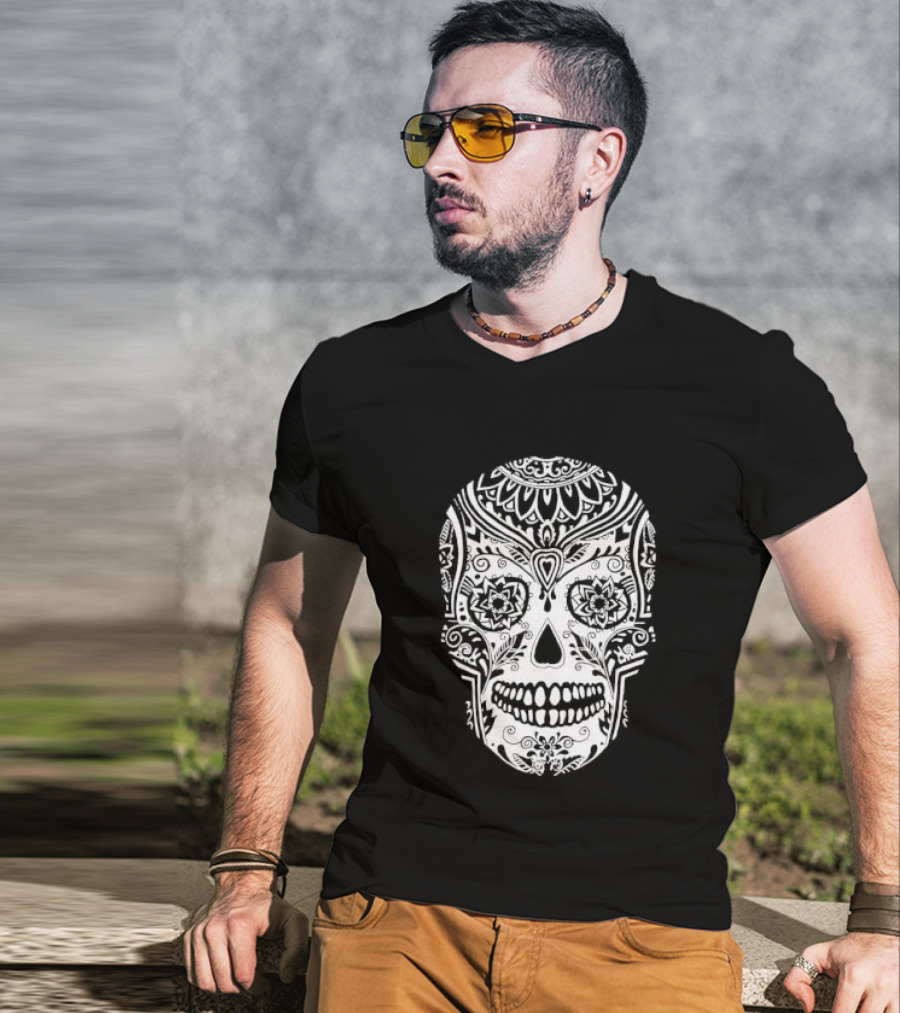 Sugar Skull Artistic Decorative Detailed Black White Intricate Motif T-Shirt