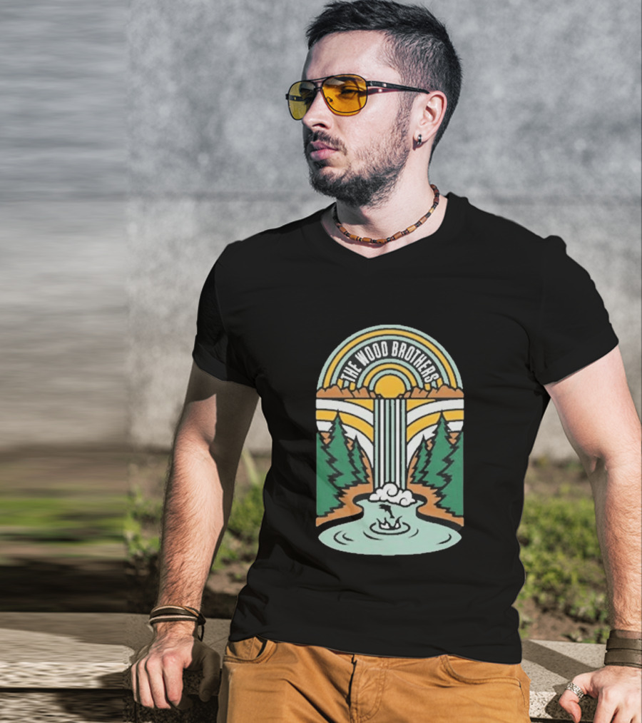 The Wood Brothers Waterfall Nature Scene With Sunburst And River Rapids T-Shirt