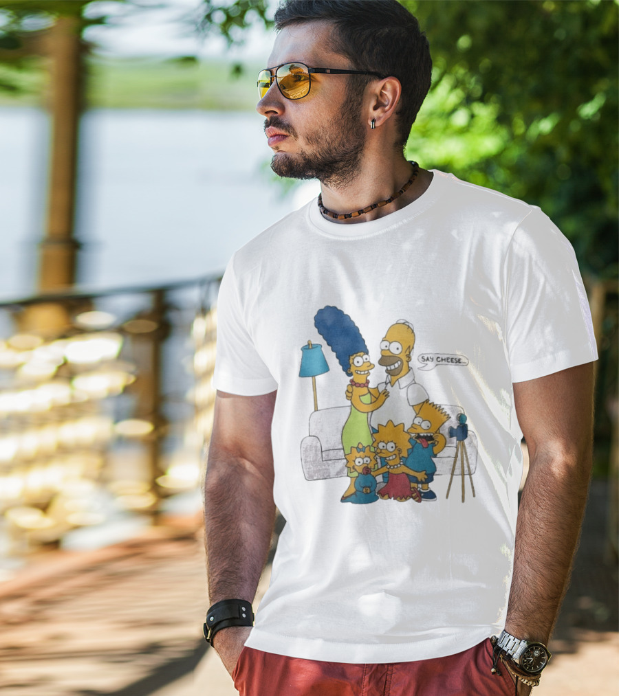 Jayden Daniels Simpsons Family Say Cheese White Couch Scene T-Shirt