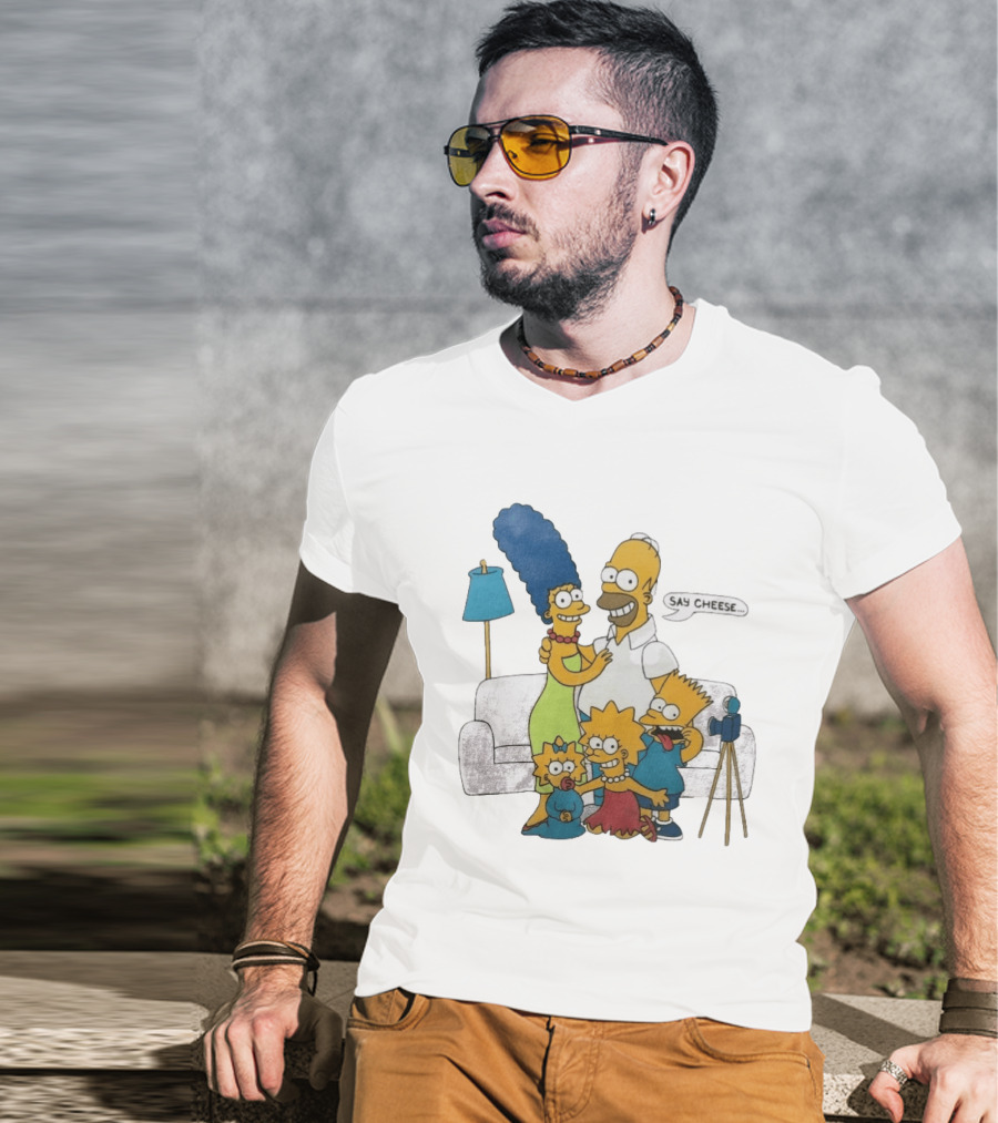 Jayden Daniels Simpsons Family Say Cheese White Couch Scene T-Shirt