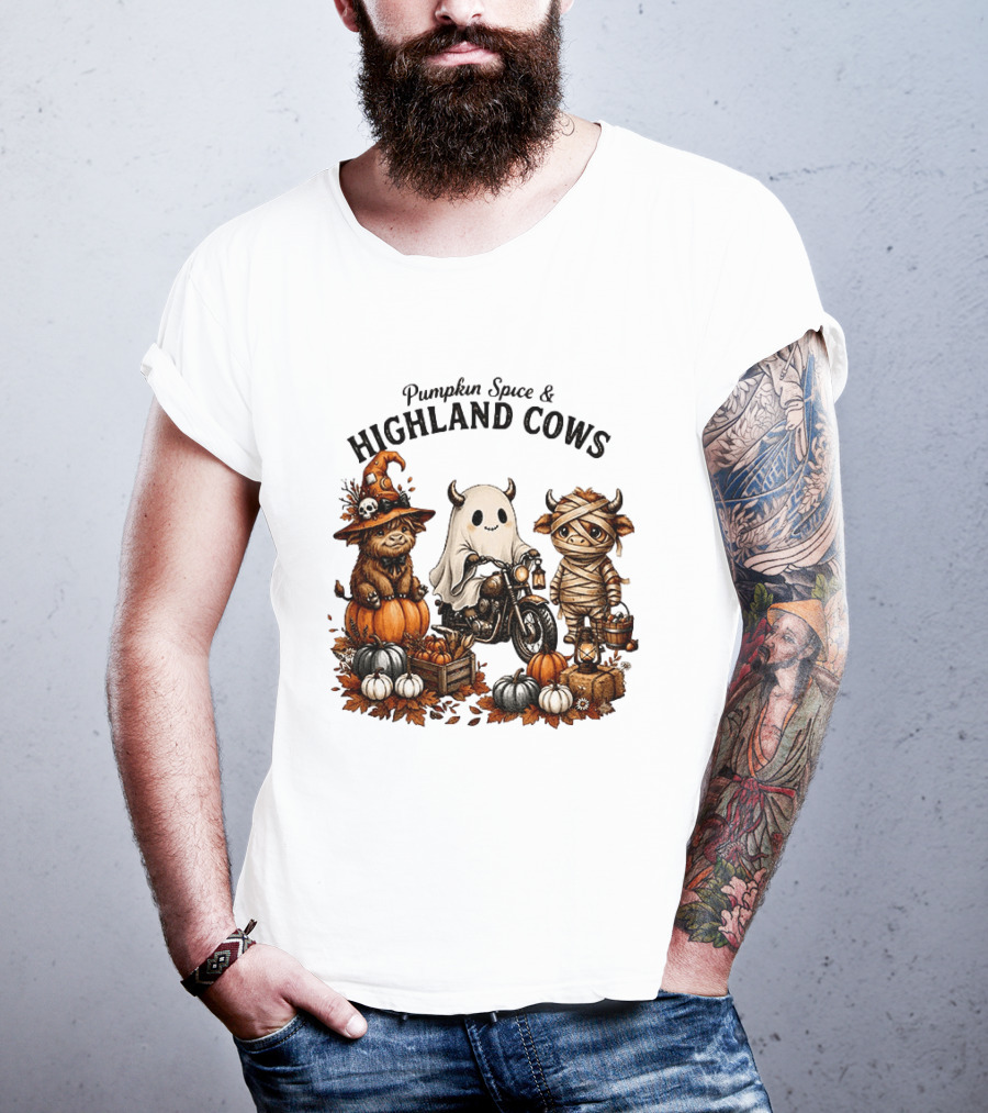 Pumpkin Spice And Highland Cows Halloween Fun T-Shirt