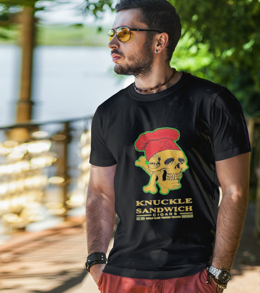 Knuckle Sandwich Cigars World Class Tobacco Skull With Red Chef Hat And Crossbones T-Shirt