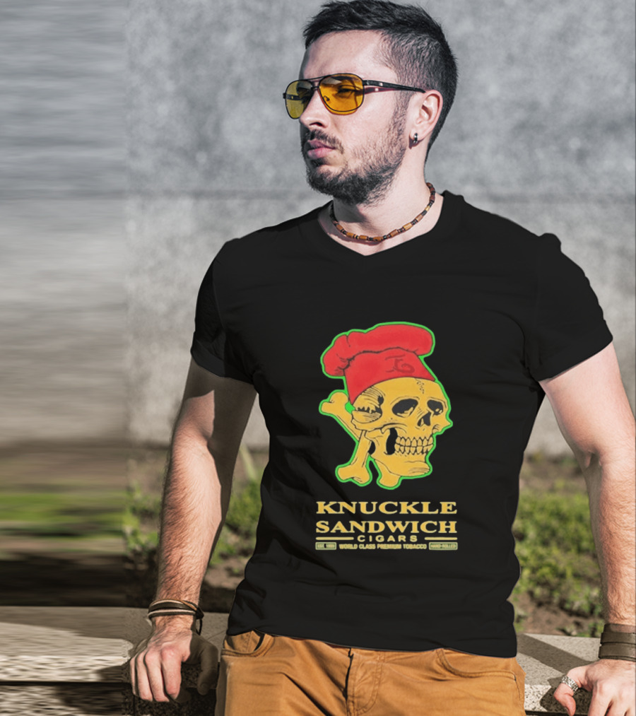 Knuckle Sandwich Cigars World Class Tobacco Skull With Red Chef Hat And Crossbones T-Shirt