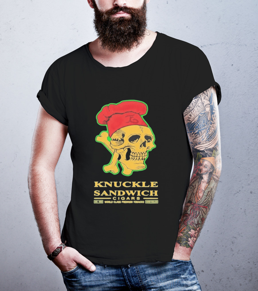 Knuckle Sandwich Cigars World Class Tobacco Skull With Red Chef Hat And Crossbones T-Shirt