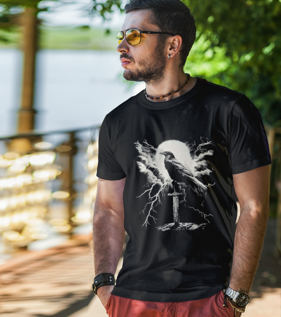 Raven On Sword With Lightning And Moon T-Shirt