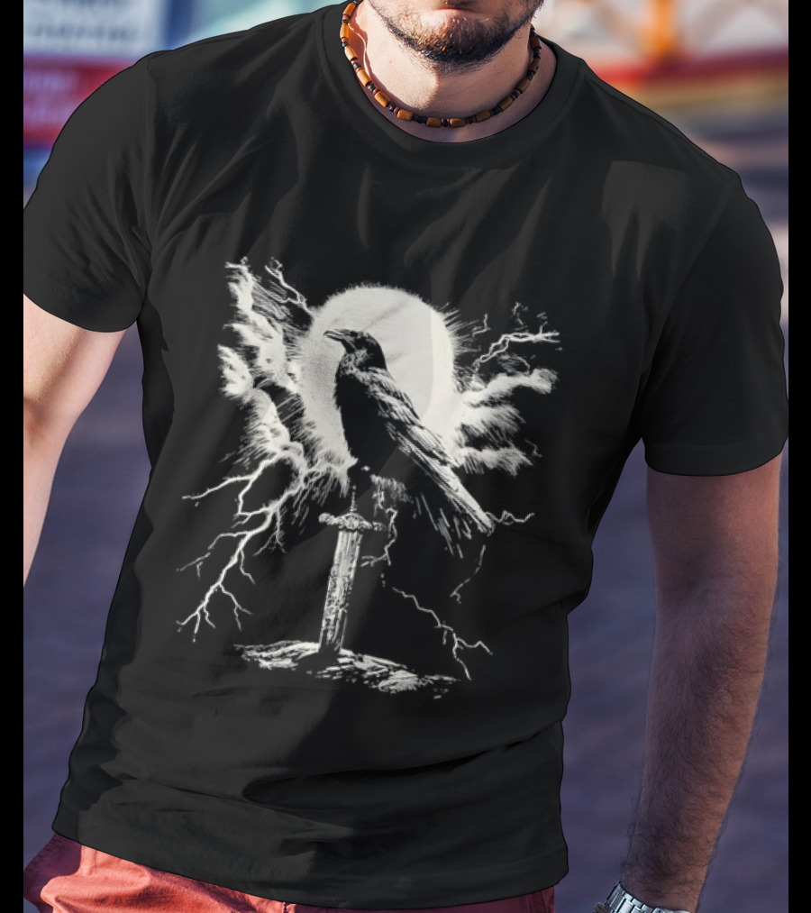 Raven On Sword With Lightning And Moon T-Shirt