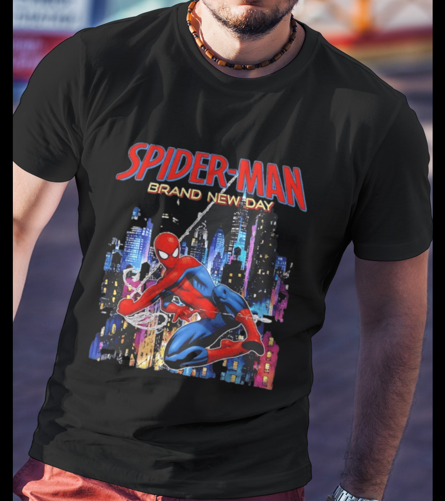 Spider Man Brand New Day Web Superhero Swinging City Night Marvel Studios T-Shirt