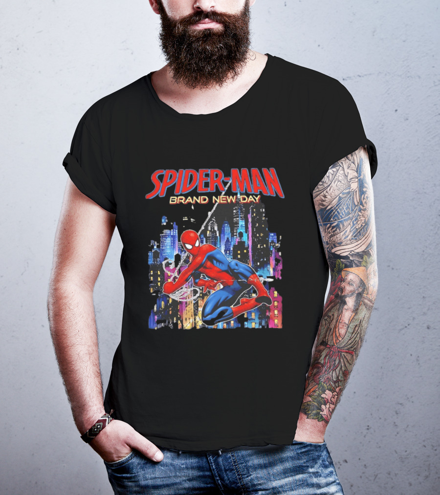 Spider Man Brand New Day Web Superhero Swinging City Night Marvel Studios T-Shirt