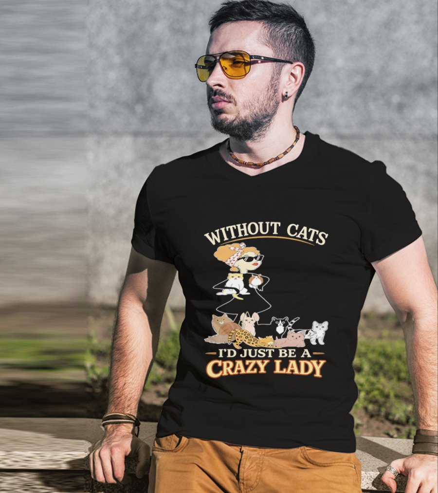 Without Cats I'd Just Be A Crazy Lady Pet Lover Vintage Cartoon T-Shirt