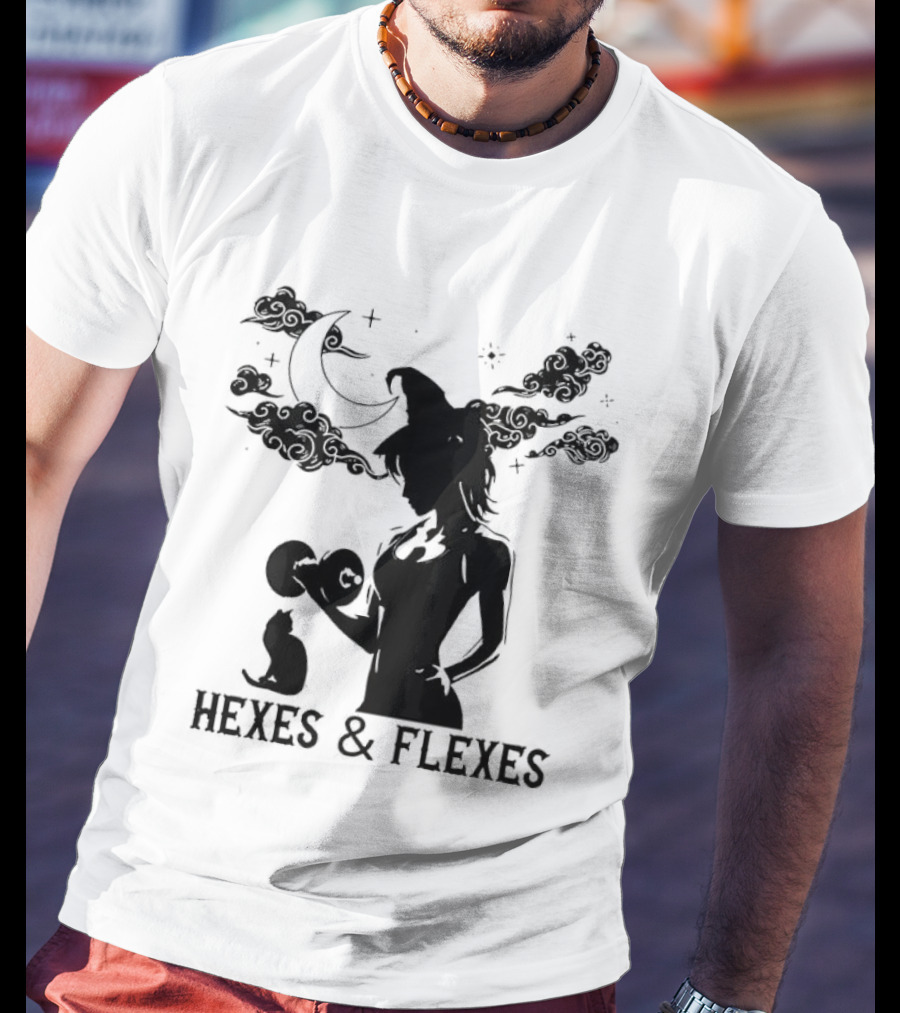 Spooky Fitness Witch Lifting Dumbbell With Cat Hexes & Flexes Moon Clouds T-Shirt