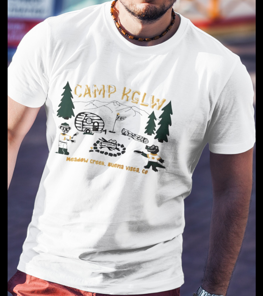 Camp KGLW Meadow Creek Buena Vista CO Skeleton Gator Camping Disc Golf T-Shirt