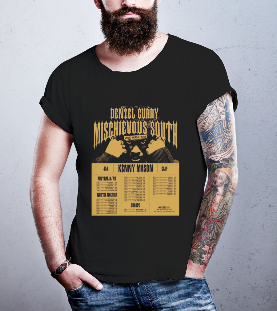 Denzel Curry Mischievous South 2025 World Tour Kenny Mason Clip 454 Australia North America Europe Dates T-Shirt