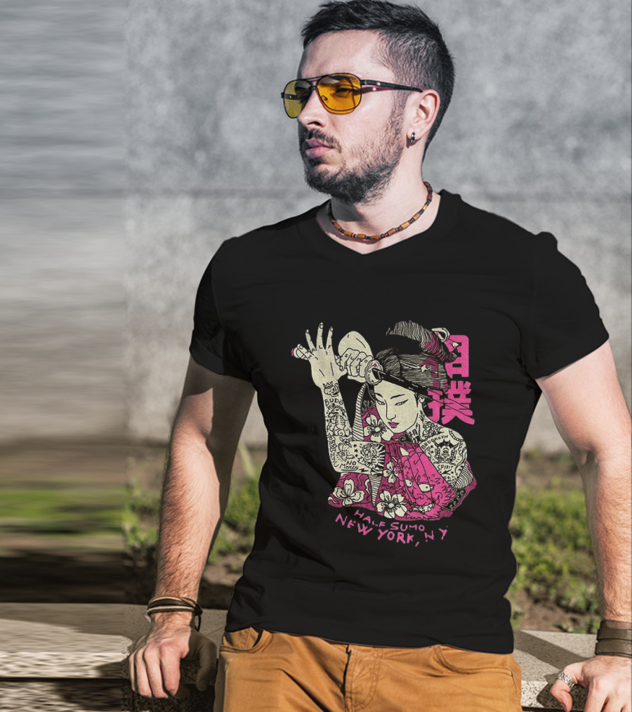 Tattooed Geisha With Katana And Flowers Japanese Samurai Half Sumo New York NY T-Shirt