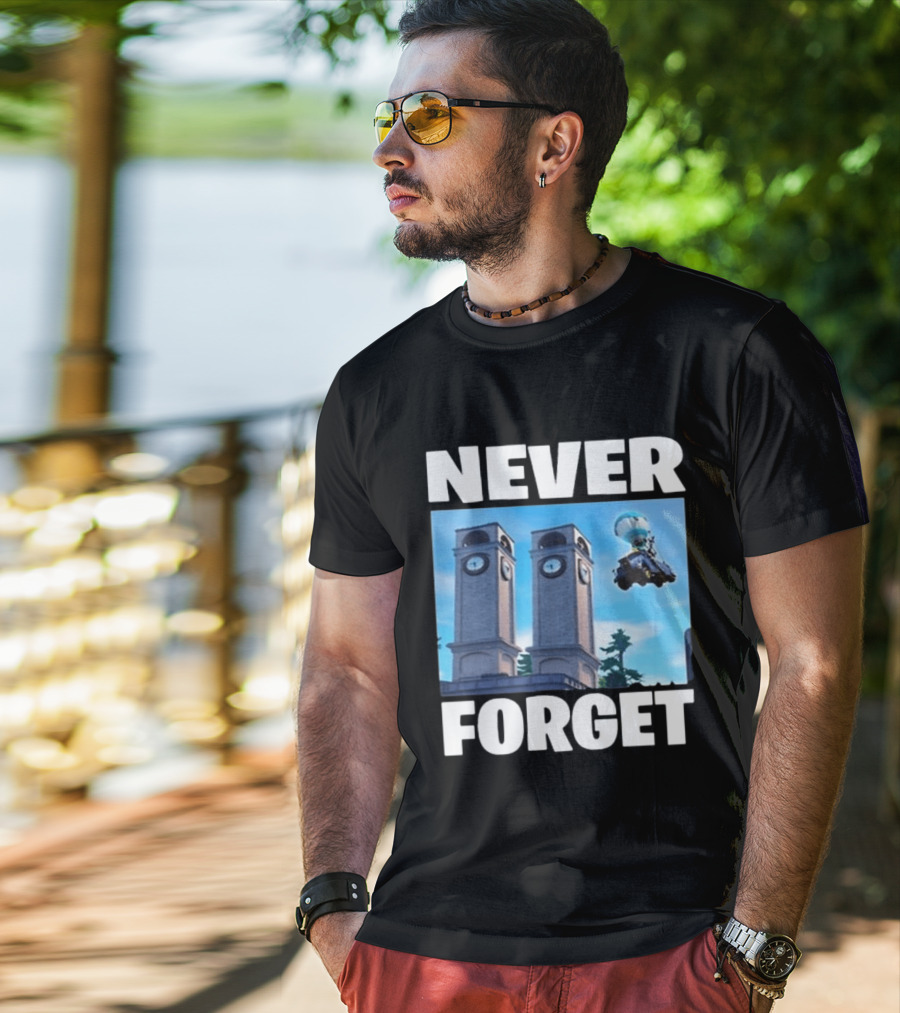 NEVER FORGET Twin Tilted Towers Fortnite Battle Bus T-Shirt
