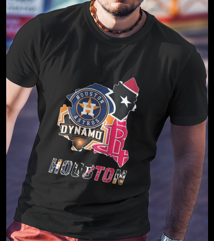 Houston Astros Texans Dynamo Rockets Map Logo Collage T-Shirt