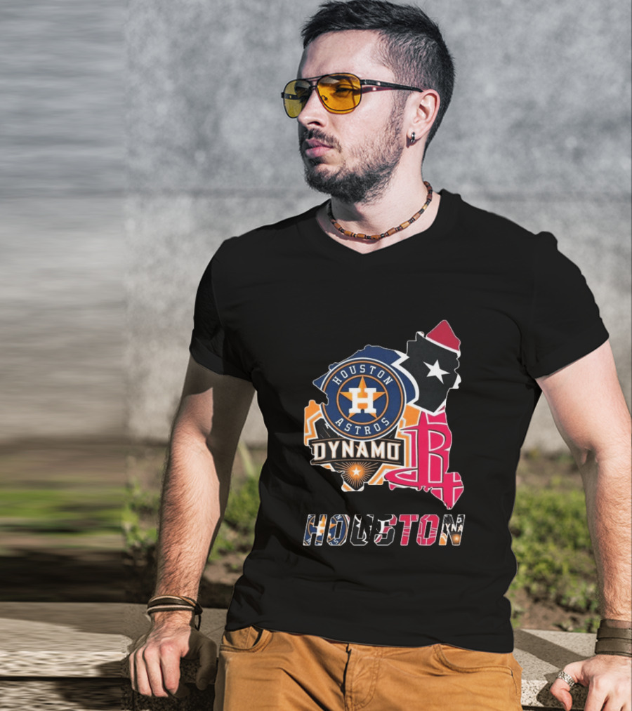 Houston Astros Texans Dynamo Rockets Map Logo Collage T-Shirt