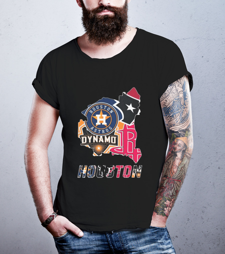 Houston Astros Texans Dynamo Rockets Map Logo Collage T-Shirt