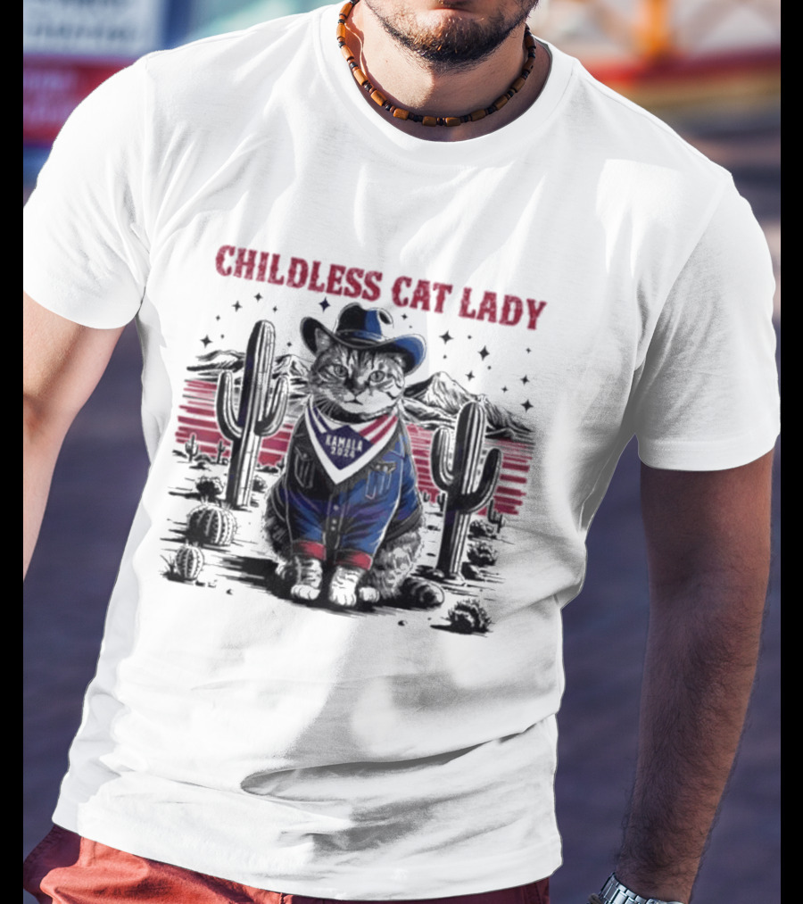 Kamala 2024 Childless Cat Lady Cowboy Desert Cactus Scene T-Shirt