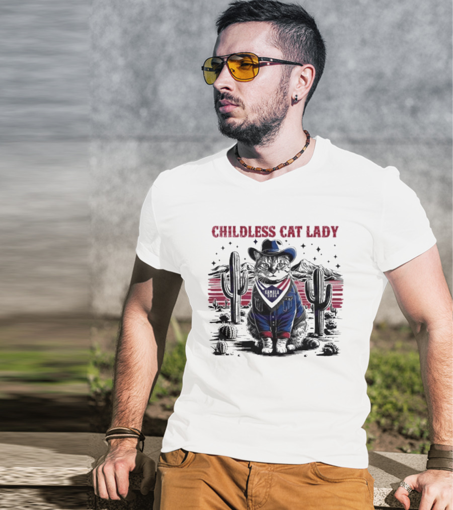 Kamala 2024 Childless Cat Lady Cowboy Desert Cactus Scene T-Shirt