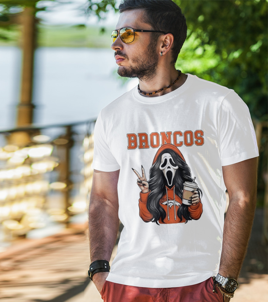 Broncos Ghostface Scream Halloween Coffee Peace Sign T-Shirt