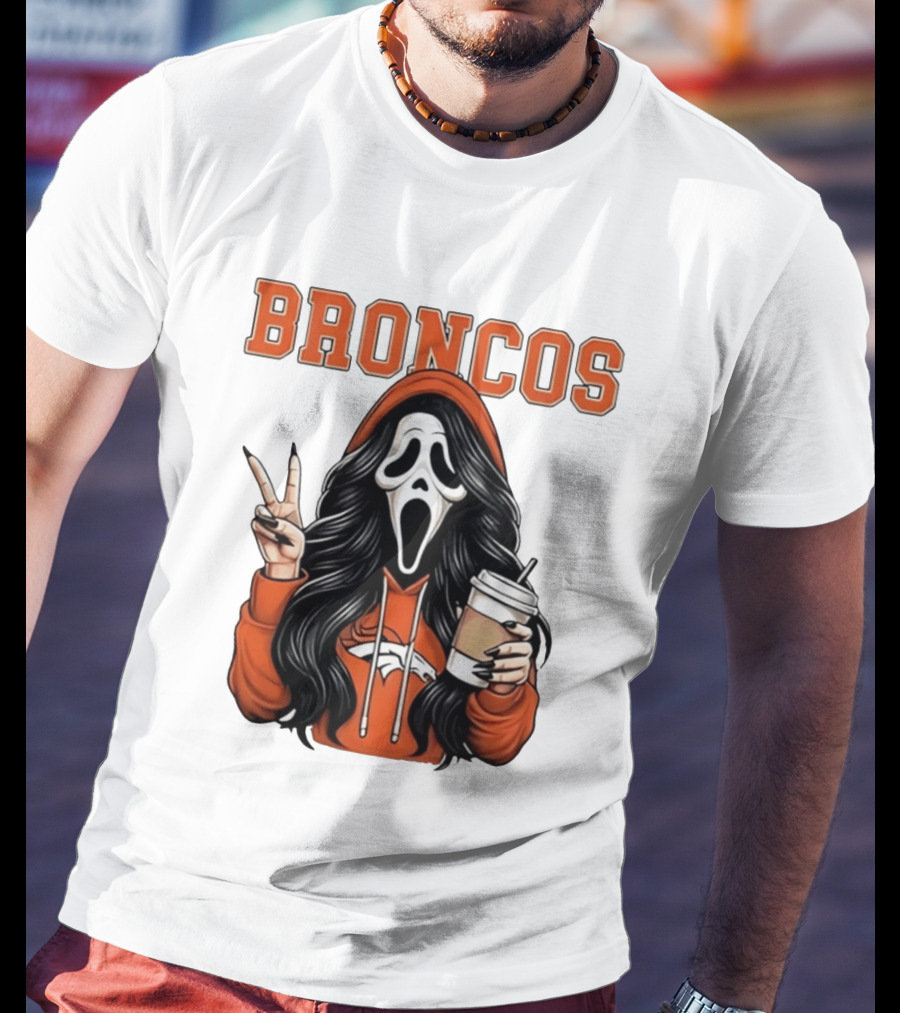 Broncos Ghostface Scream Halloween Coffee Peace Sign T-Shirt