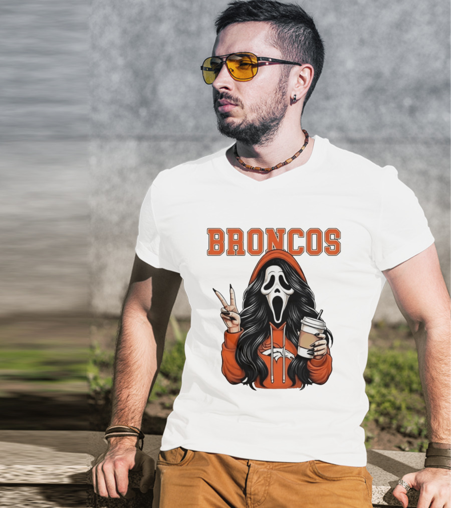 Broncos Ghostface Scream Halloween Coffee Peace Sign T-Shirt