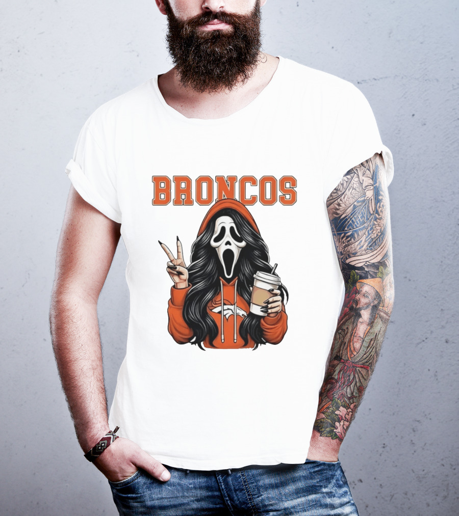 Broncos Ghostface Scream Halloween Coffee Peace Sign T-Shirt