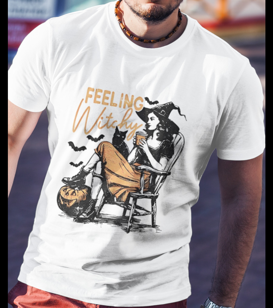 Feeling Witchy Witch With Pumpkin And Bats Halloween Vibes T-Shirt
