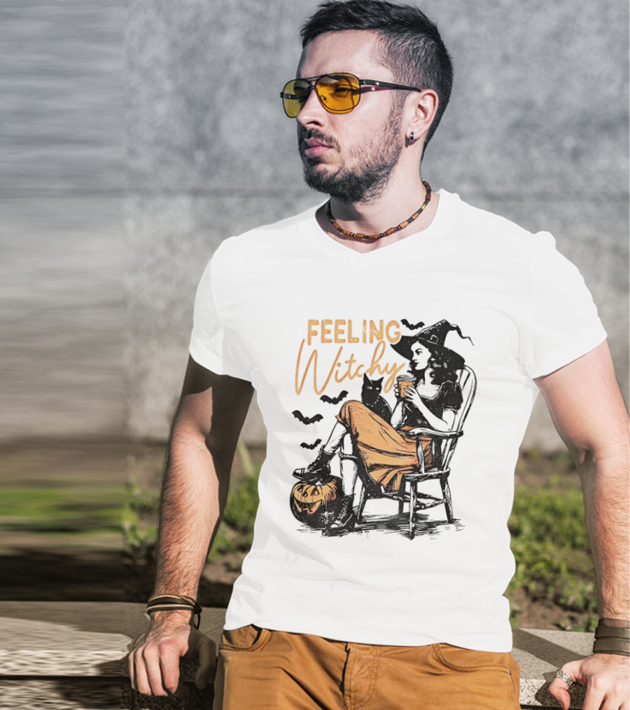 Feeling Witchy Witch With Pumpkin And Bats Halloween Vibes T-Shirt