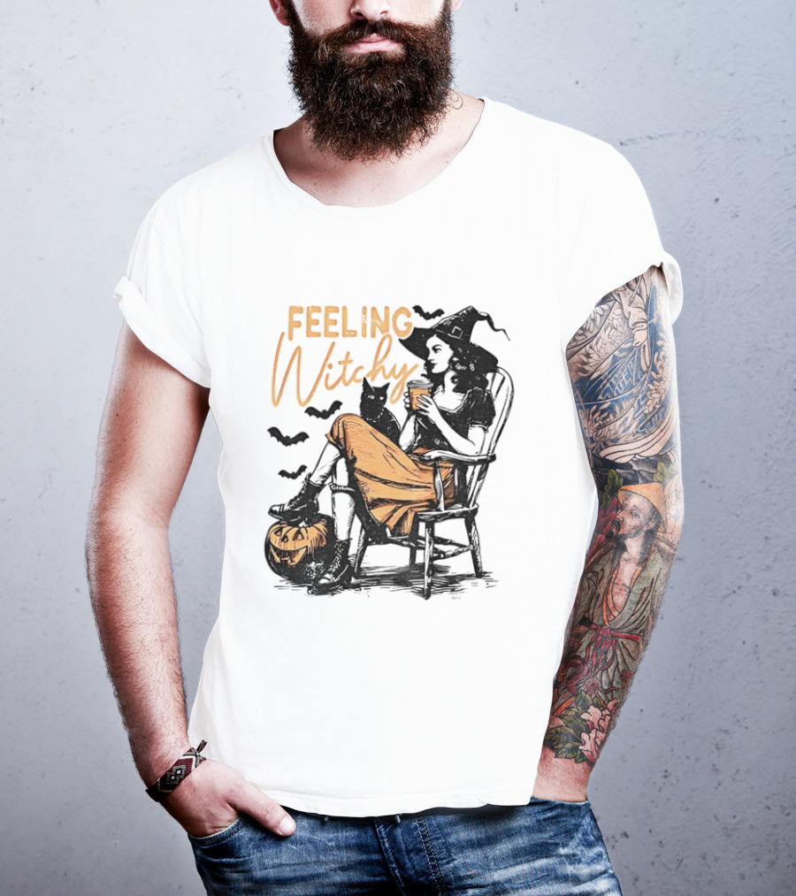 Feeling Witchy Witch With Pumpkin And Bats Halloween Vibes T-Shirt