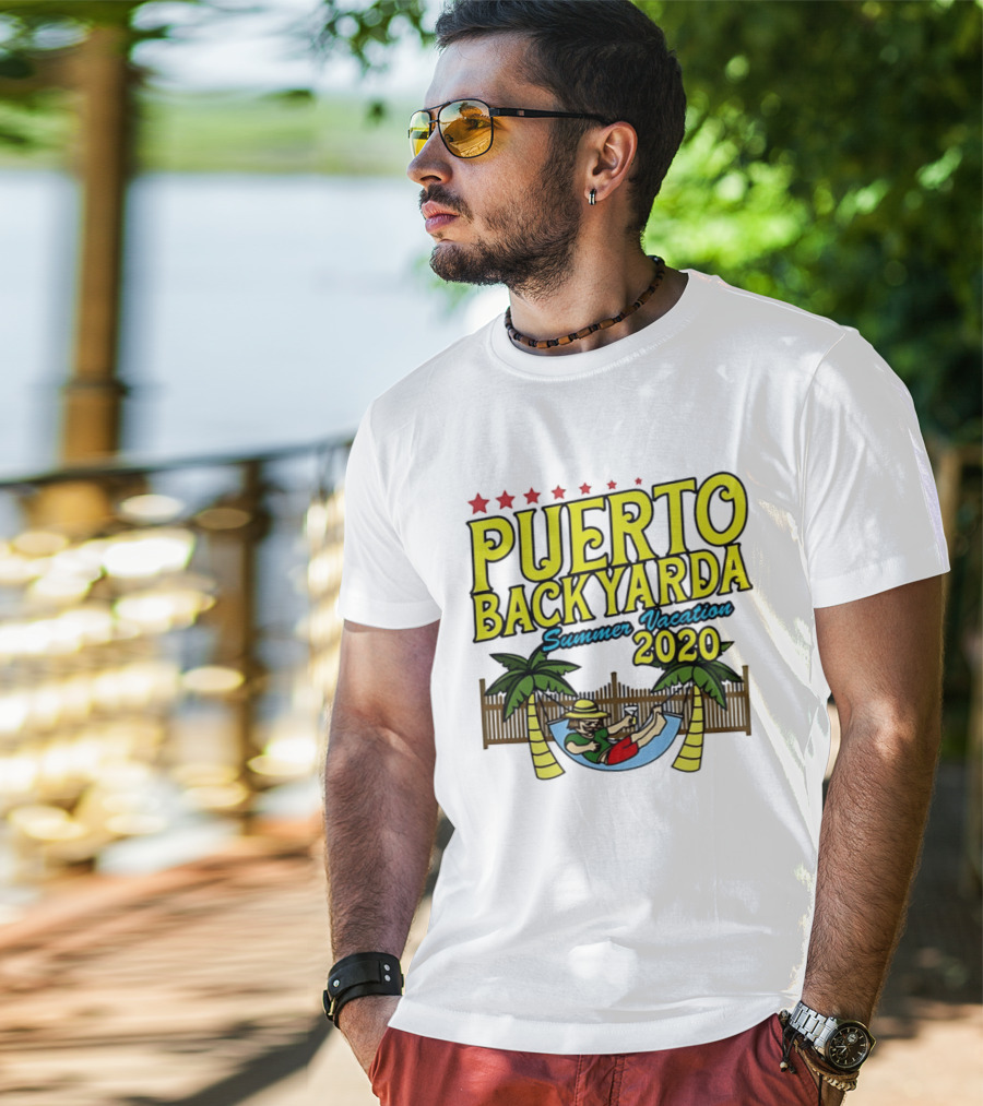 Puerto Backyarda Summer Vacation 2020 Relaxing Hammock Palm Trees Retro Cartoon T-Shirt