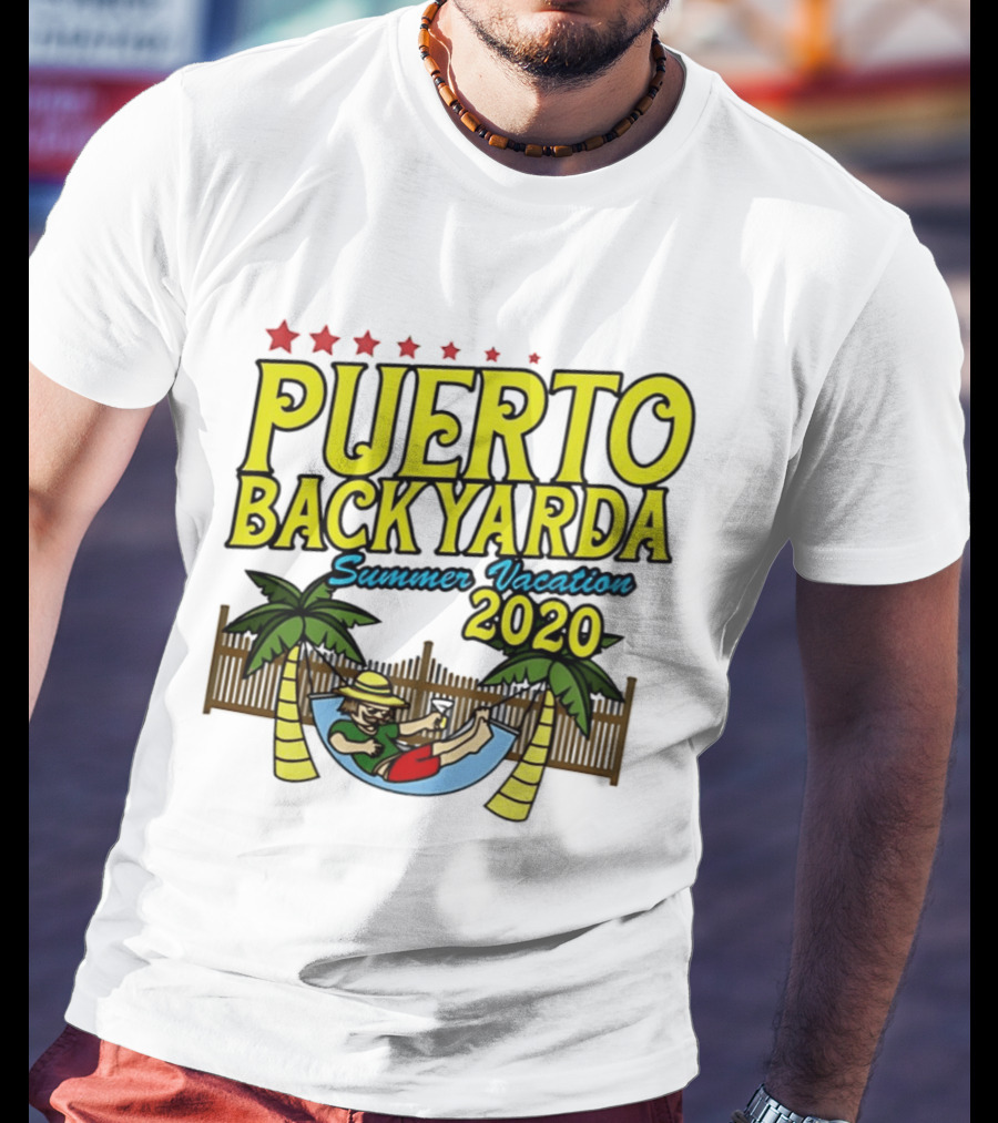 Puerto Backyarda Summer Vacation 2020 Relaxing Hammock Palm Trees Retro Cartoon T-Shirt