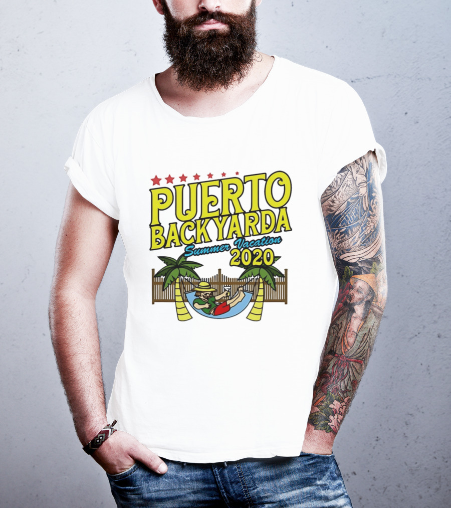 Puerto Backyarda Summer Vacation 2020 Relaxing Hammock Palm Trees Retro Cartoon T-Shirt