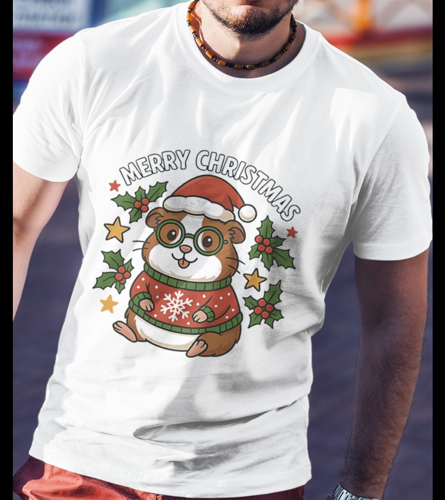 Merry Christmas Santa Guinea Pig In Holiday Sweater With Holly And Stars T-Shirt