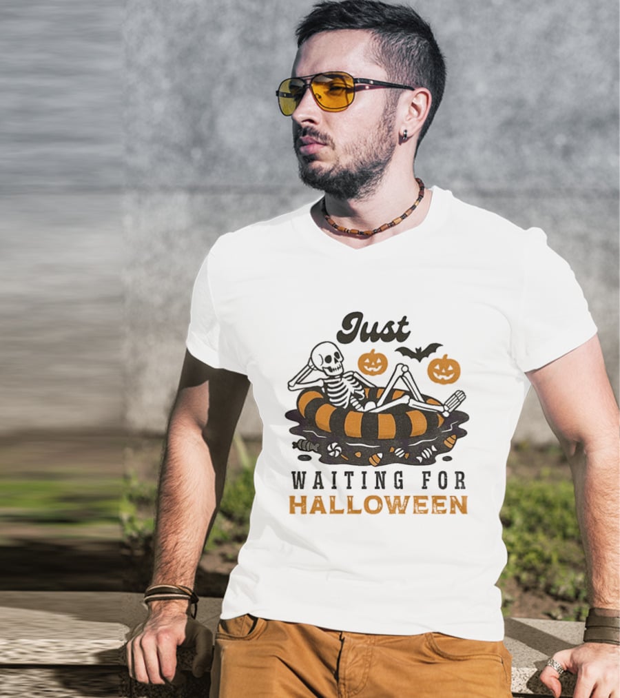 Just Waiting For Halloween Skeleton Beach 2025 T-Shirt