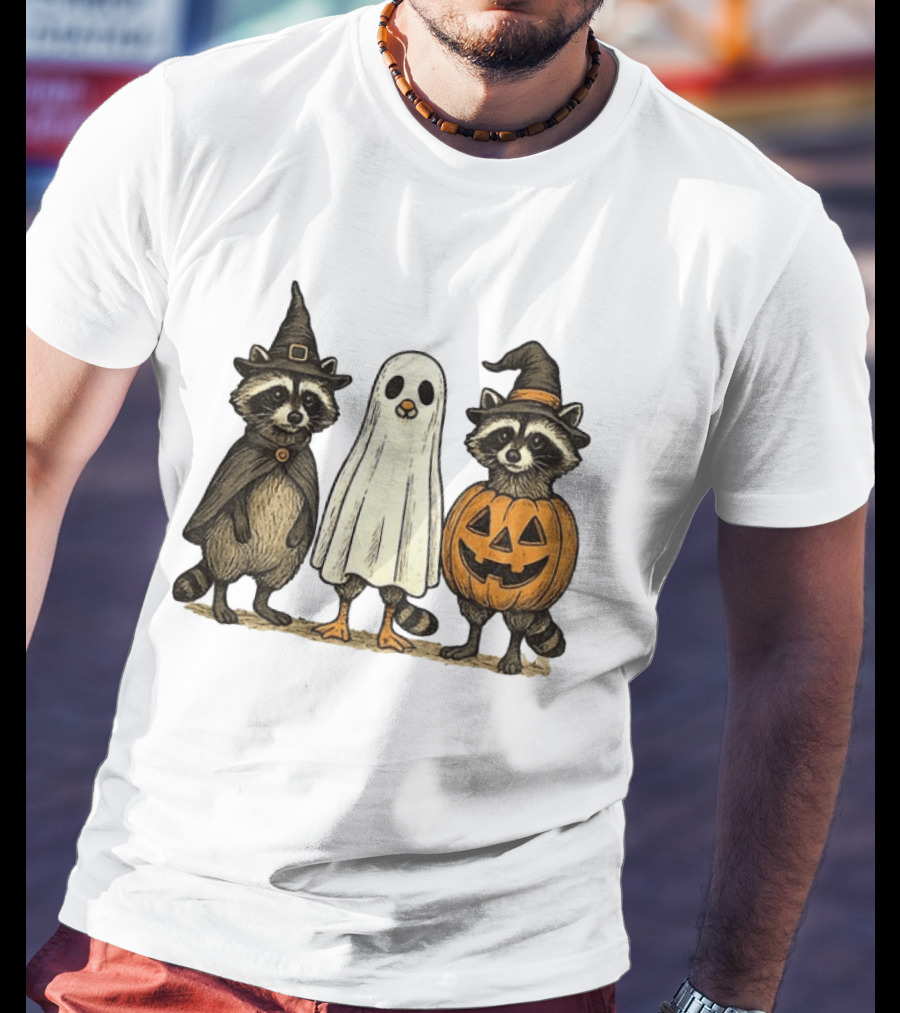 Spooky Boo Ghost Raccoon Pumpkin Raccoon Witch Hat Happy Halloween 2025 T-Shirt