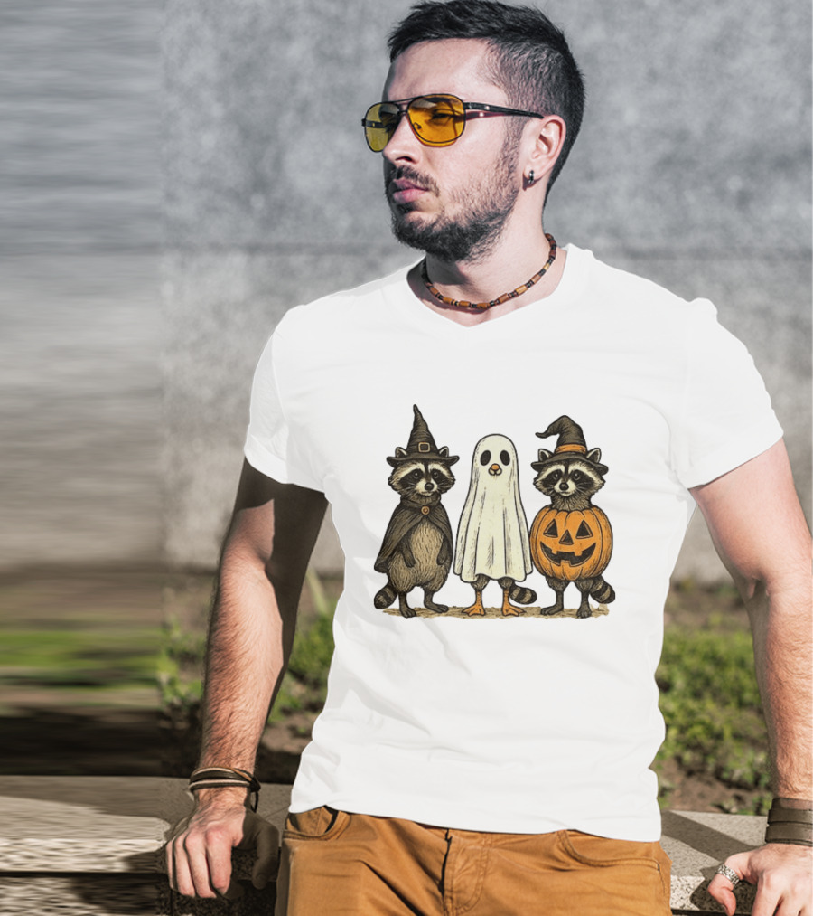 Spooky Boo Ghost Raccoon Pumpkin Raccoon Witch Hat Happy Halloween 2025 T-Shirt