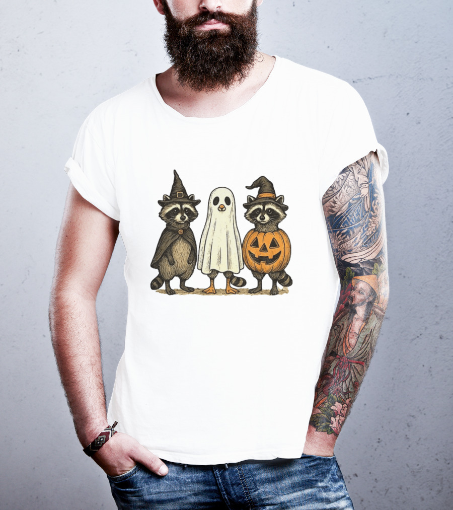 Spooky Boo Ghost Raccoon Pumpkin Raccoon Witch Hat Happy Halloween 2025 T-Shirt