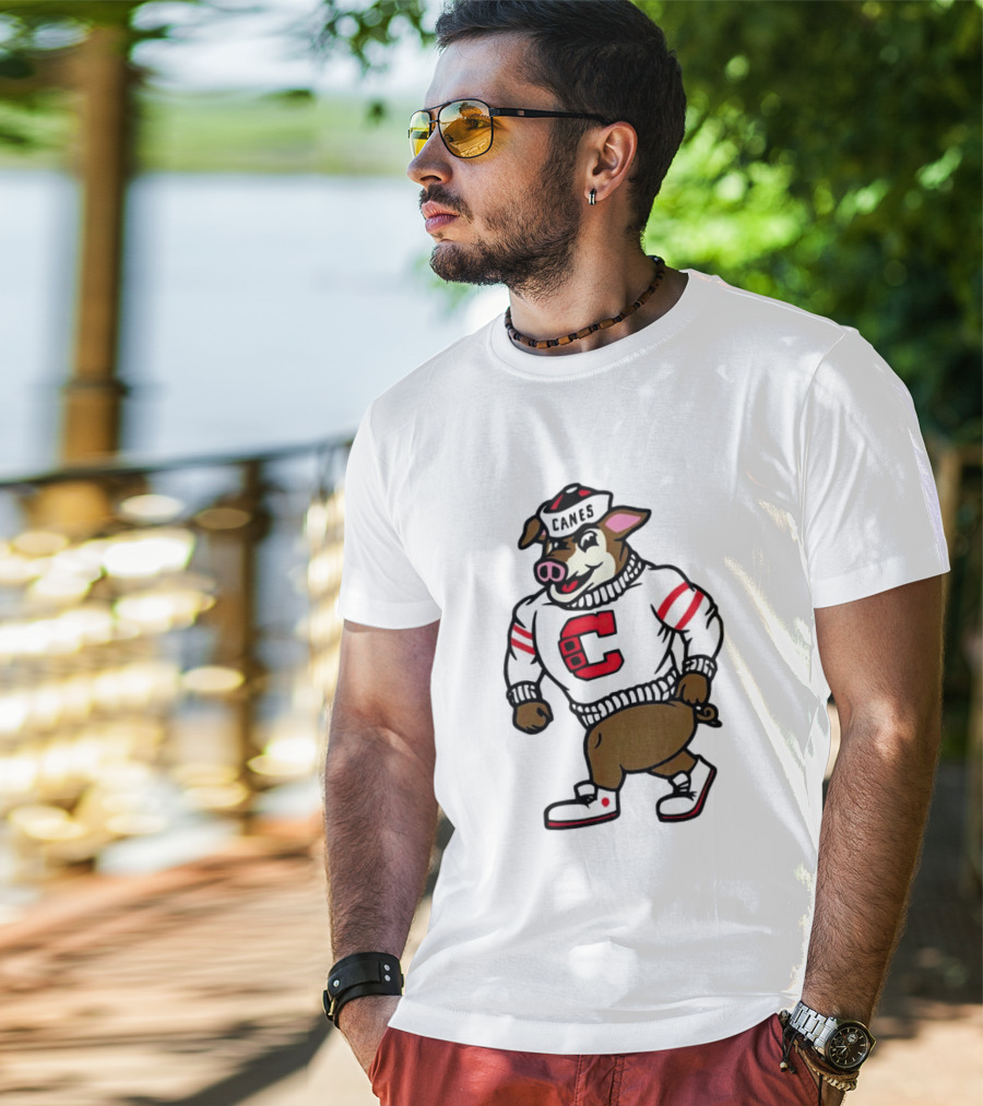 Canes Mascot Pig In Red And White Sweater With Stripes T-Shirt