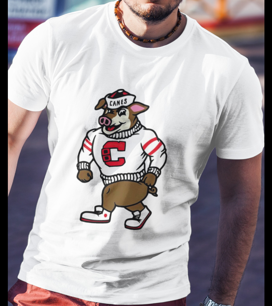 Canes Mascot Pig In Red And White Sweater With Stripes T-Shirt