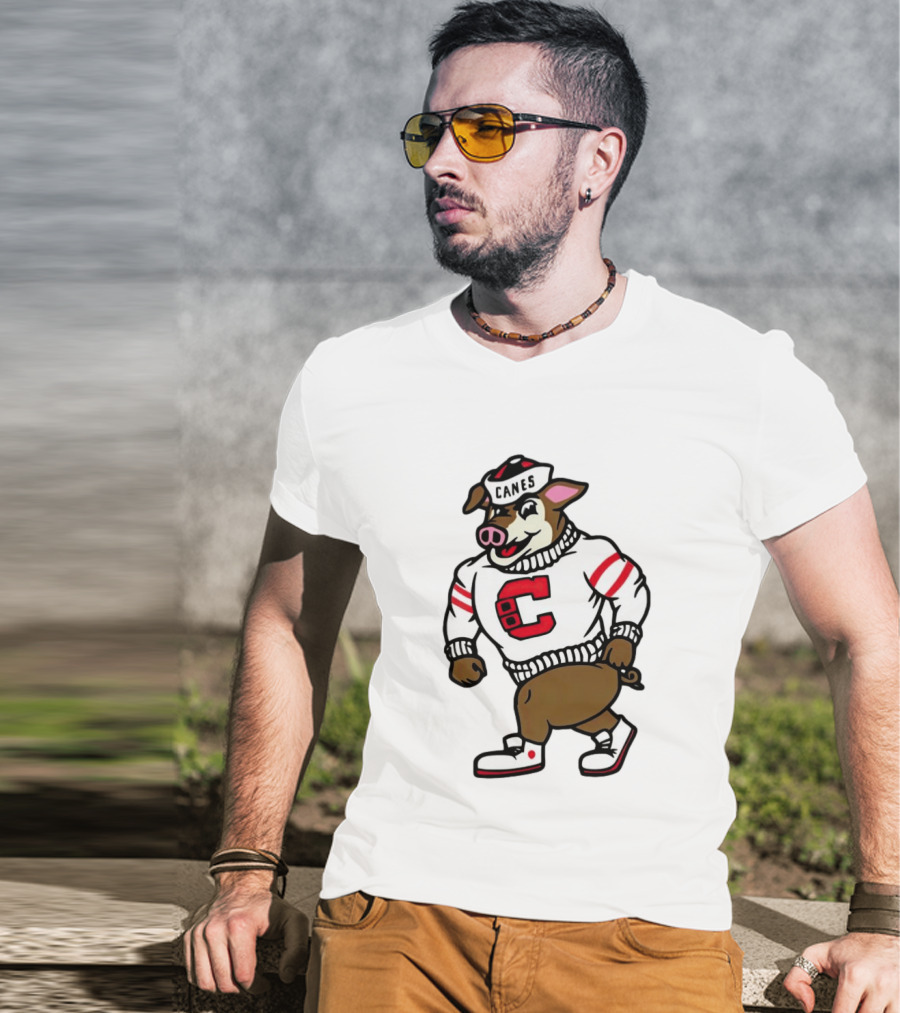 Canes Mascot Pig In Red And White Sweater With Stripes T-Shirt