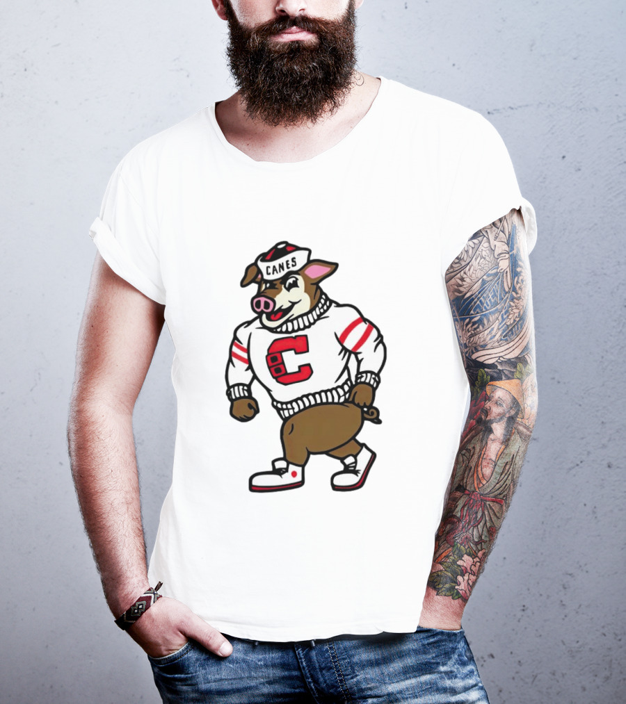 Canes Mascot Pig In Red And White Sweater With Stripes T-Shirt