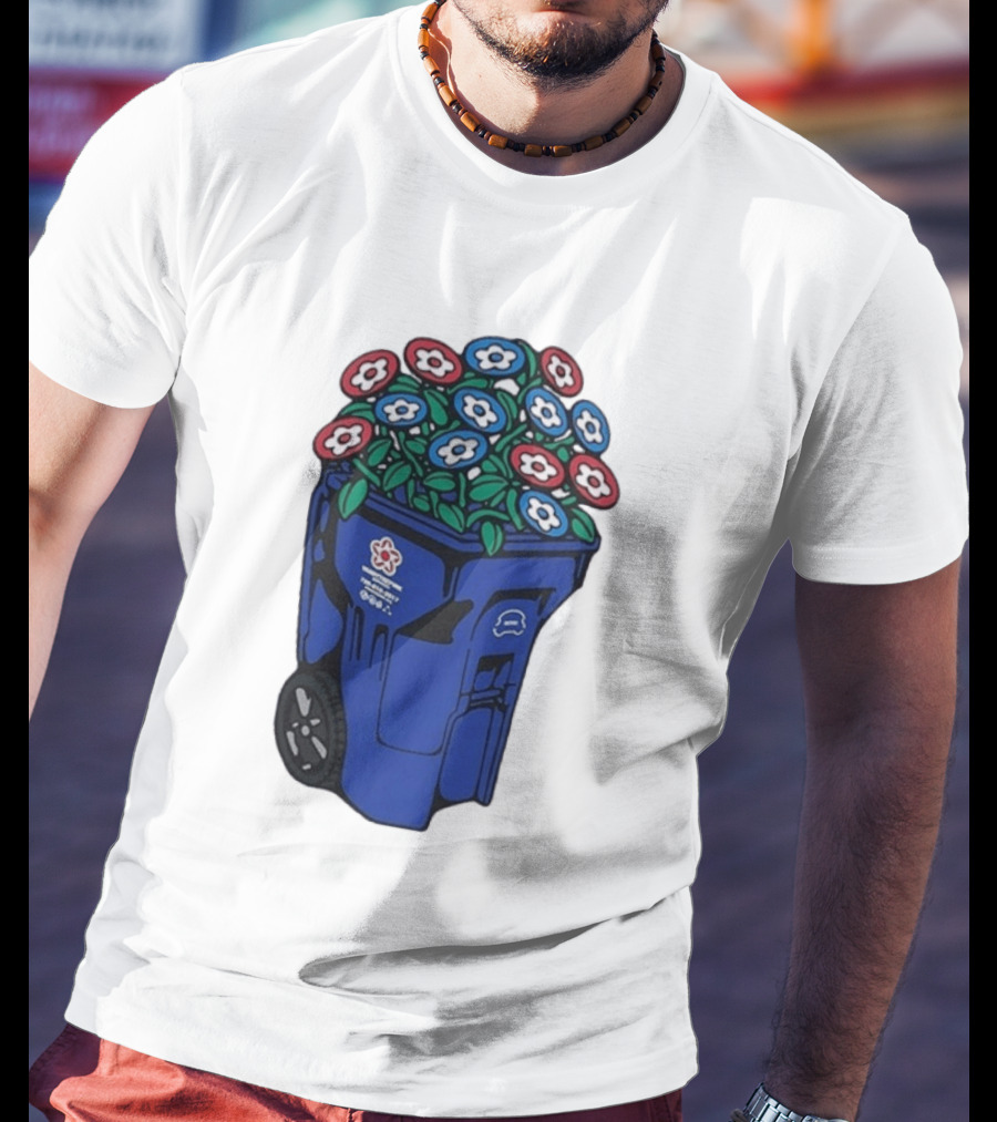 Vandy The Pink Trash Can Blue Recycling Bin Flowers T-Shirt