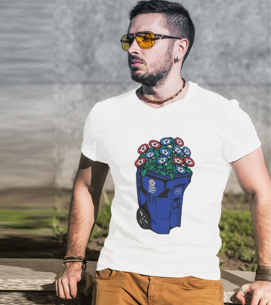 Vandy The Pink Trash Can Blue Recycling Bin Flowers T-Shirt