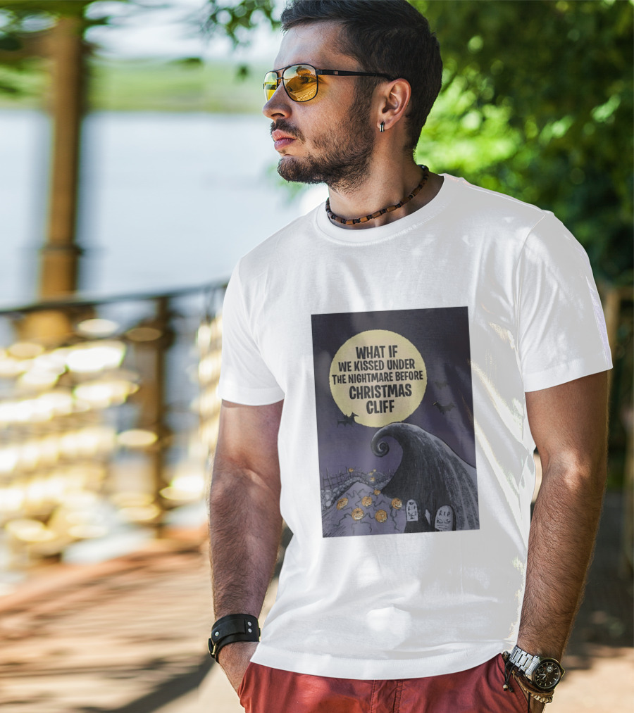 What If We Kissed Under The Nightmare Before Christmas Cliff Halloween Moon Bats Pumpkins Graveyard Scene T-Shirt