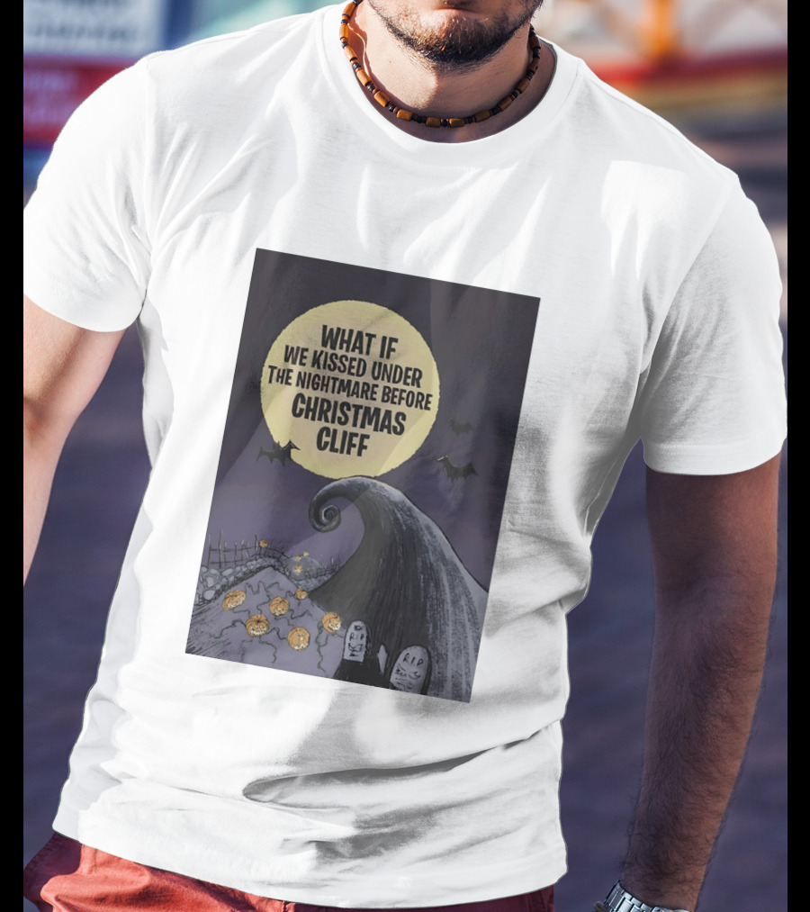 What If We Kissed Under The Nightmare Before Christmas Cliff Halloween Moon Bats Pumpkins Graveyard Scene T-Shirt
